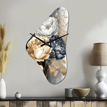 White, Gold And Black Rose Bouquet I - Asymmetric Metal Wall Clock